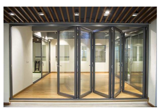 алюминиевая складывая раздвижная дверь, стеклянные двери створки bi, двойная стеклянная складывая дверь, детали 6 двери складчатости
